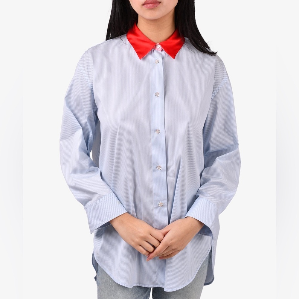 Sandro Blue Pinstripe Button-Down Shirt with Red Collar Size Small